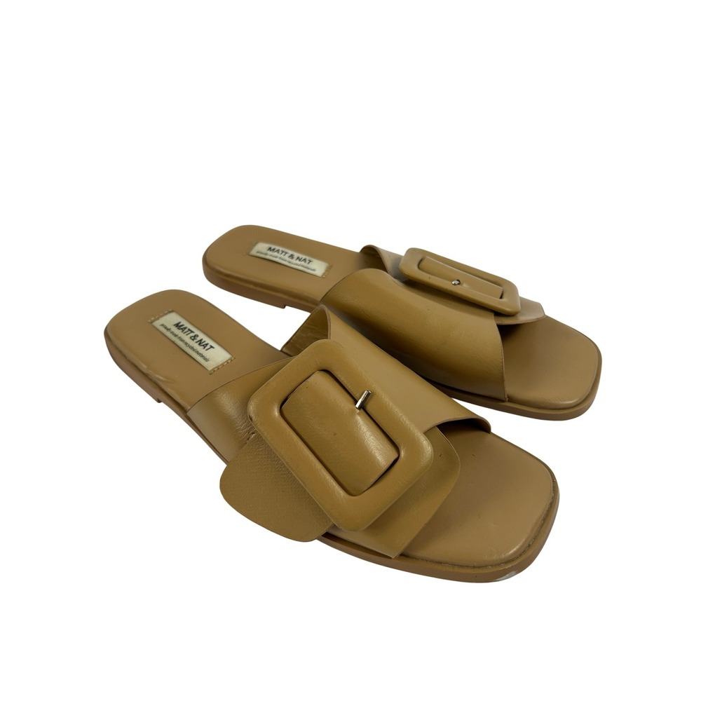 Nude Matt &‎ Nat Tan Vegan Leather Buckle Slide Sandals Square Toe Minimalist 8